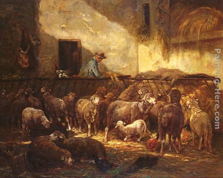 Charles Emile Jacque A Flock Of Sheep In A Barn